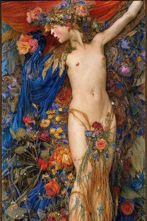 Image similar to coronation of the flower prince, by Annie Swynnerton and Gaston Bussière, embroidered brocade, tattoos, elaborate costume, geometric ornament, symbolist, rich colors, dramatic lighting, smooth, sharp focus, extremely detailed