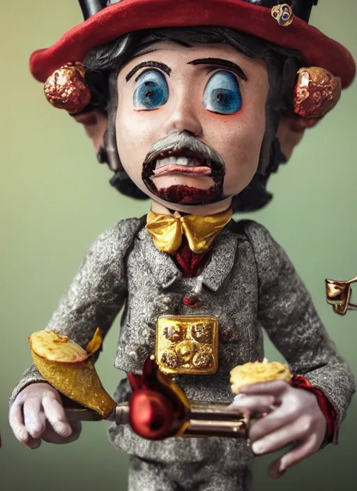 Image similar to closeup face profile portrait of tin toy jack the ripper as a fairytale prince wearing a crown eating cakes, banana, depth of field, zeiss lens, detailed, symmetrical, centered, fashion photoshoot, by nicoletta ceccoli, mark ryden, lostfish, breathtaking, 8 k resolution, extremely detailed, beautiful, establishing shot, artistic, hyperrealistic, octane render