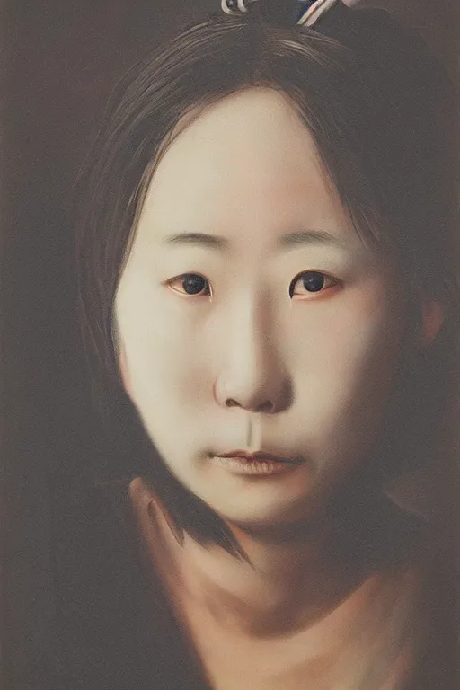 Image similar to native japanese woman with partially masked face, highly realistic, moody lighting, by wang neng jun