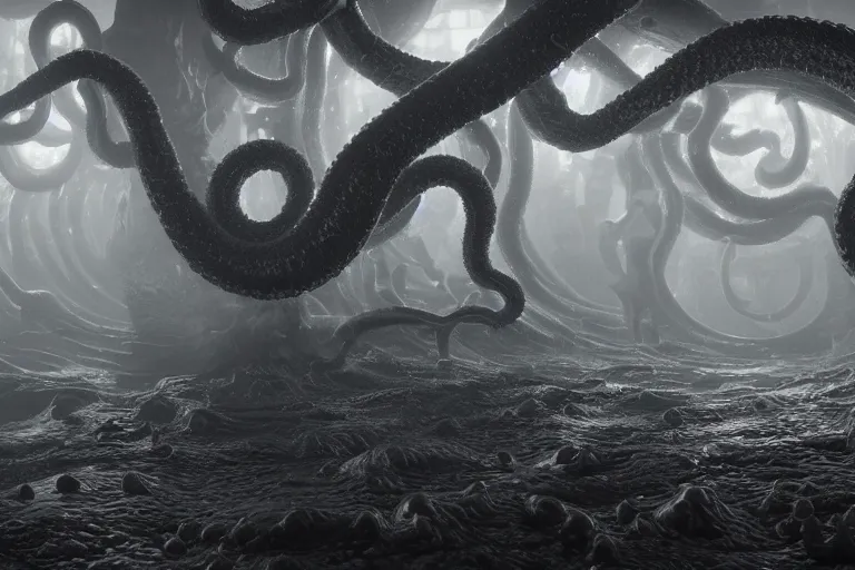 Image similar to ultra realist soft painting of the world of Lovecraft, gigantic oily tentacles, very intricate details, ultra dense fog, golden ratio, volumetric black and white lighting, reflections, refractions, symmetry accurate anatomy features, octane render