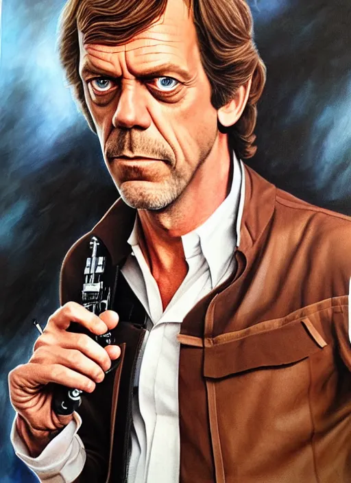 Prompt: upper body portrait of hugh laurie as han solo in star wars ( 1 9 7 7 ), wearing han solos clothes, wearing a black vest and a white shirt, hyperrealistic, very detailed painting by glenn fabry, by joao ruas, by artgerm