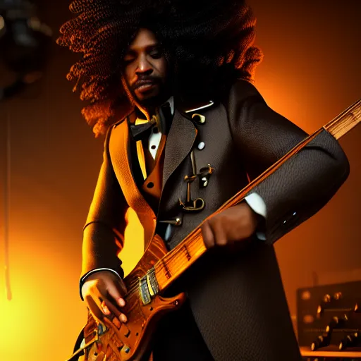 Image similar to a steampunk black man with long curly hair, playing electric guitar at a night club, focus on the musicians, cinematic lighting, exaggerated detailed, unreal engine, octane render, trending on artstation, art by greg rutkowski, 4 k