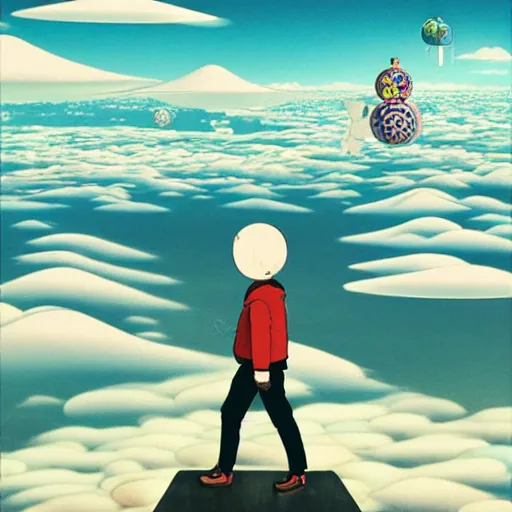 Image similar to a man walking on clouds above kyoto by takashi murakami, beeple and james jean, aya takano color style, 4 k, super detailed