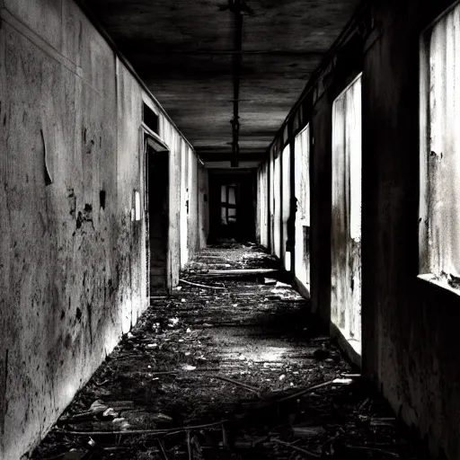 Prompt: a dark and musty hallway in an abandoned building