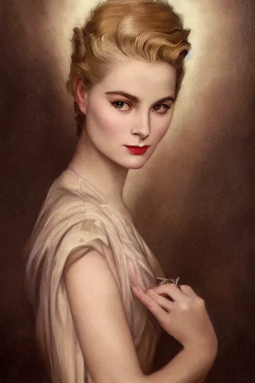 Image similar to a young and extremely beautiful grace kelly infected by night by tom bagshaw in the style of a modern gaston bussiere, art nouveau, art deco, surrealism. extremely lush detail. melancholic scene infected by night. perfect composition and lighting. sharp focus. profoundly surreal. high - contrast lush surrealistic photorealism. sultry and mischievous expression on her face.