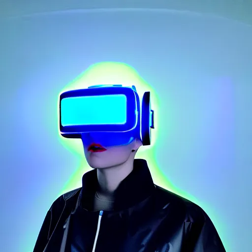 Image similar to an ultra high definition professional studio quality photograph of an artificially intelligent cyberpunk vr influencer wearing a transparent iridescent pastel coloured face visor and matching raincoat on white coat hook in a sheer icelandic black rock environment. dramatic lighting. volumetric shadows. light rays