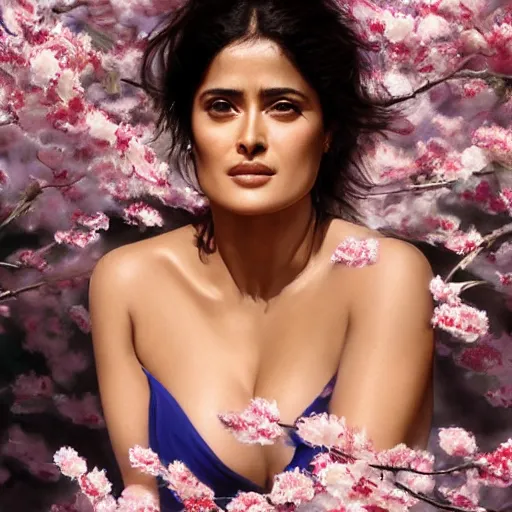 Image similar to portrait of salma hayek in the style of stefan kostic, realistic, body shot, sharp focus, 8 k high definition, insanely detailed, intricate, elegant, art by stanley lau and artgerm, cherry blossoms