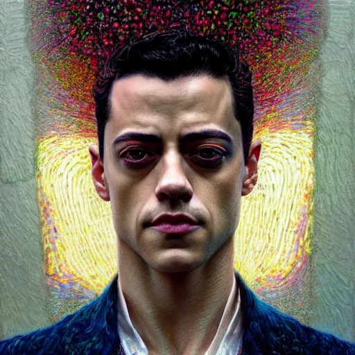 Image similar to portrait of rami malek, hyper detailed masterpiece, neon floral pattern, jean giraud, digital art painting, darkwave goth aesthetic, psychedelic, artgerm, donato giancola and tom bagshaw