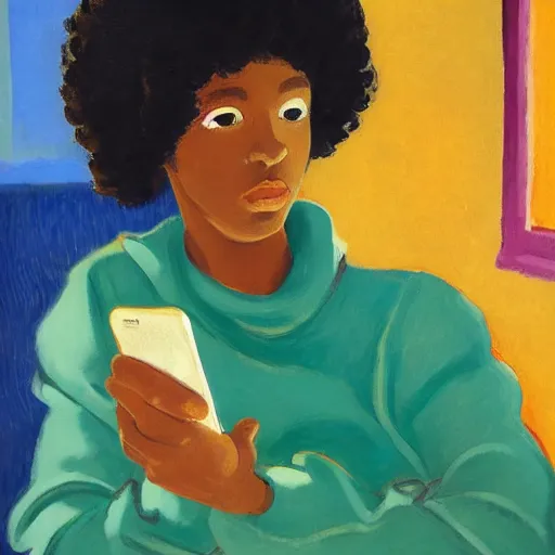 Image similar to early morning. a young ebony with afro hair wearing a wearing a cozy hoodie is texting on her smartphone. sunlight is entering through the window and beautifully lighting the face. depth of field, backlit, closeup, oil on canvas, art by henri matisse 1 9 4 4, in the style of dance by henri marisse, 1 9 1 0, smooth, fauvism, 2 k