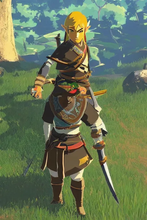 Image similar to in game footage of a samurai from the legend of zelda breath of the wild, breath of the wild art style.