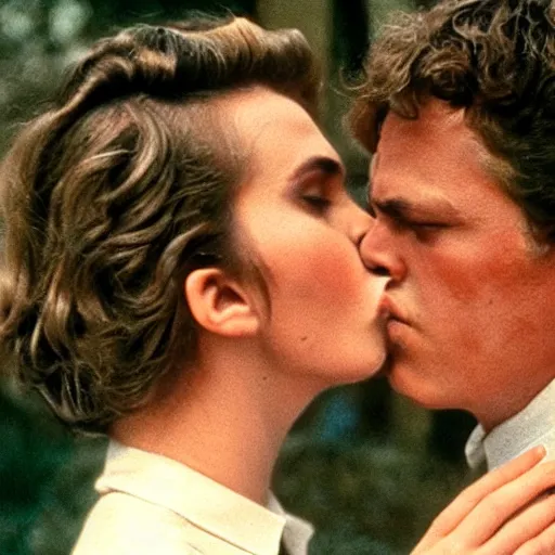 Prompt: Classic film still of a passionate kiss between two lovers, art-house aesthetic, Palme d'Or winner, year 3000