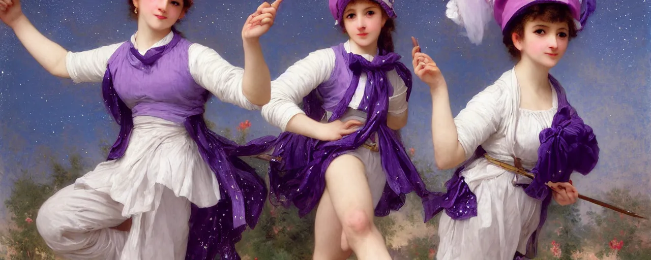 Prompt: A character sheet of a very cute magical girl with short blond hair wearing an oversized purple Beret, Purple overall shorts, Short Puffy pants made of silk, pointy jester shoes, a big billowy scarf, and white leggings. Rainbow accessories all over. Flowing fabric. Covered in stars. Short Hair. Art by william-adolphe bouguereau and WLOP and Artgerm. Fashion Photography. Decora Fashion. harajuku street fashion. Kawaii Design. Intricate, elegant, Highly Detailed. Smooth, Sharp Focus, Illustration Photo real. realistic. Hyper Realistic. Sunlit. Moonlight. 4K. UHD. Denoise.