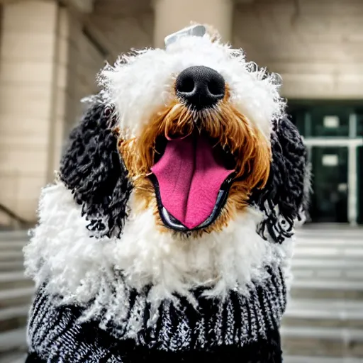 Image similar to a closeup photorealistic photograph of a cute smiling knitted bernedoodle judge dog dressed in a black gown, presiding over the courthouse. indoor image, professional capture, well lit shot. this 4 k hd image is trending on artstation, featured on behance, well - rendered, extra crisp, features intricate detail, epic composition and the style of unreal engine.