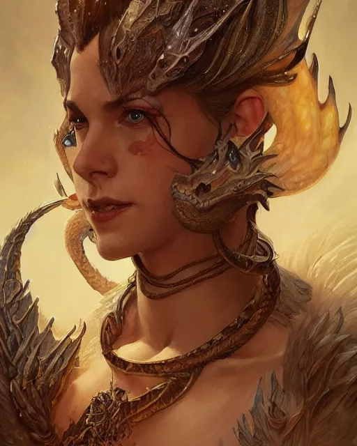 Image similar to Portrait of a dragon person, HD, illustration, epic, D&D, fantasy, intricate, elegant, highly detailed, digital painting, artstation, concept art, smooth, sharp focus, illustration, art by artgerm and greg rutkowski and alphonse mucha, monster hunter illustrations art book