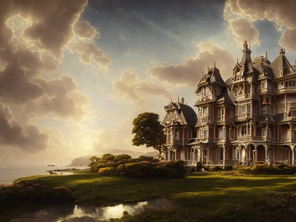 Image similar to gorgeous complex victorian mansion in a beautiful coastal landscape, sunny sky with fluffy clouds, iredescent soft glow bloom effect, dream - like, baroque portrait painting, perfect composition, beautiful detailed, intricate detailed octane render, unreal engine 5, trending on artstation, 8 k, chiaroscuro, masterpiece, raphael, caravaggio, beksinski, ghibli