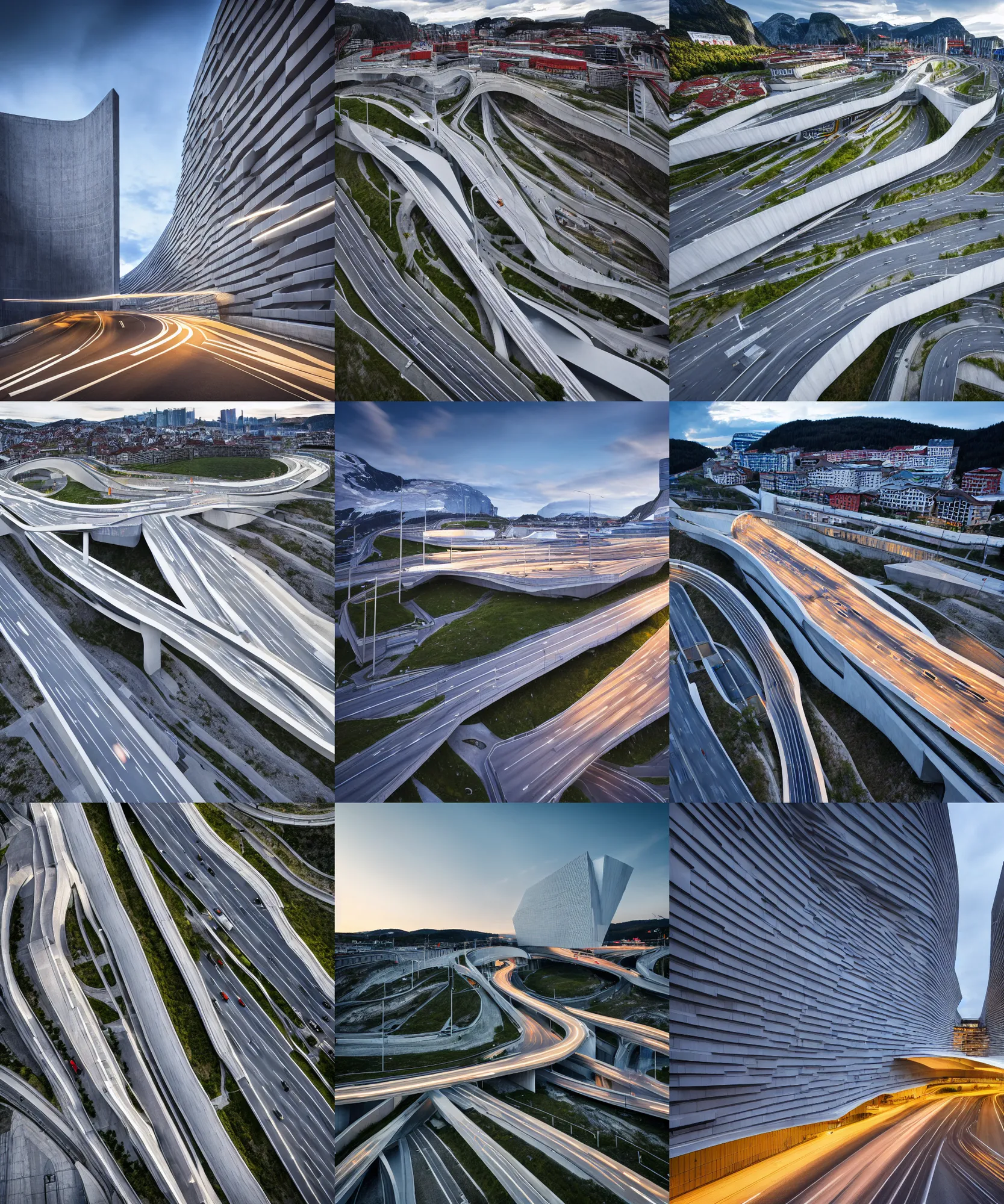 Prompt: modern bjarke ingels condo building and gotthard tunnel entrance combined, highway under bjarke ingels condo building, wide establishing shot, soft dramatic lighting, sharp focus, 4 k digital camera