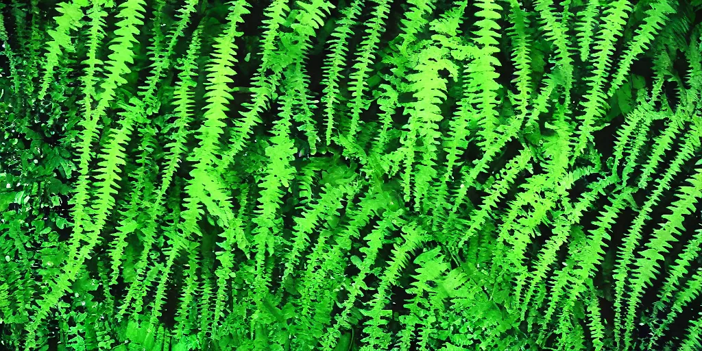 Prompt: deep green fern leaves with drops of water and glitter shimmering in the moonlight