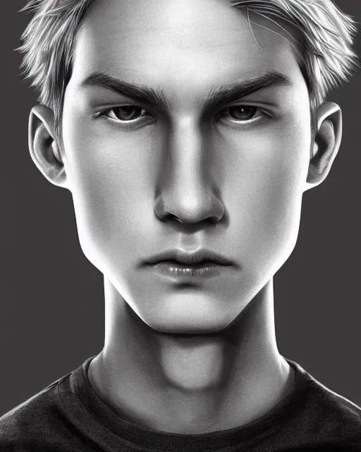 Image similar to portrait of 1 5 - year - old boy, a tall, slender boy with a pale, pointed face, sleek blond hair, and ice grey eyes, wearing in shirt, hyper realistic face, beautiful eyes, character art, art by mark brooks, hyperdetailed, cryengine, trending on artstation, digital art