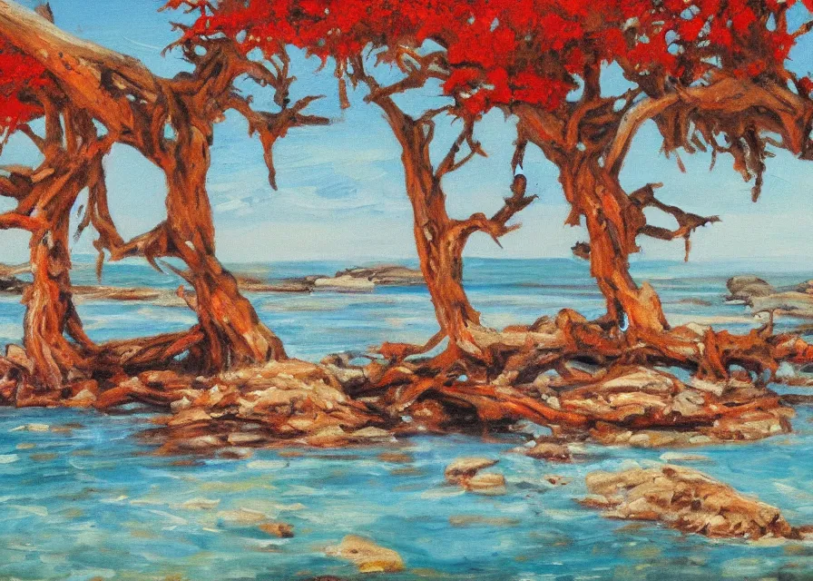 Image similar to red river with skull shaped pebbles on the shore surrounded by spikey trees, landscape, oil painting