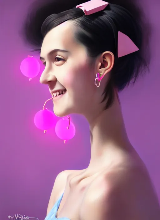 Image similar to portrait of high school girl, realistic, black hair, bangs, half updo hairstyle, pointy nose, skinny, smile, ugly, defined jawline, big chin, pink hair bow, earrings, intricate, elegant, glowing lights, highly detailed, digital painting, artstation, sharp focus, illustration, art by wlop, mars ravelo and greg rutkowski