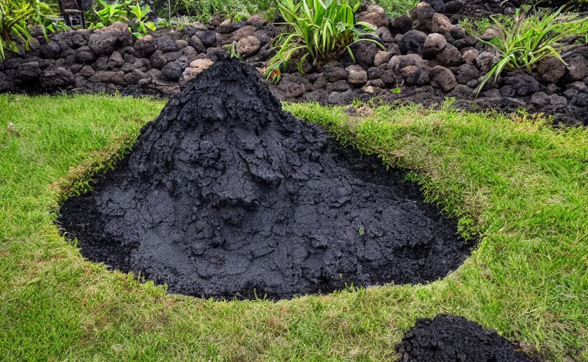 Image similar to miniature volcanic cone erupting with streams of lava in a suburban yard, ground level