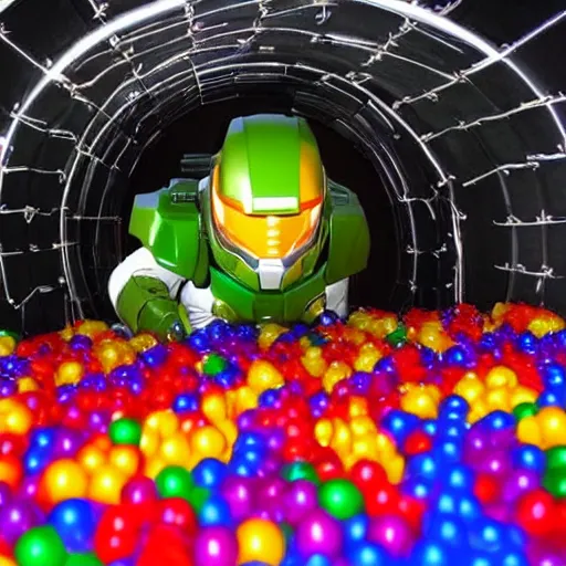 Image similar to Jesus playing in a ball pit with Master Chief from the Halo Franchise. There are balls flying around everywhere and eyes peeking out from in between the balls in the pit. Award winning photograph, HD