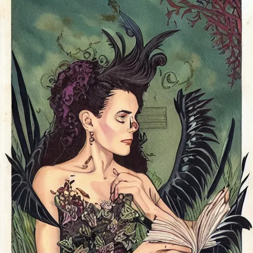 Image similar to young jennifer connelly as odile, gothic dark fae disney villain with black feathers instead of hair, girlboss, dominant, zero g, reading a book, feathers growing out of skin, pulp sci fi, mike mignola, david mack, romantic, comic book cover, vivid, beautiful, illustration, highly detailed, oil painting