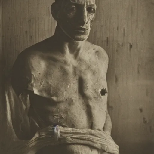 Prompt: black and white photograph the burned man tightly wrapped in linen portrait dramatic lighting by Walker Evans