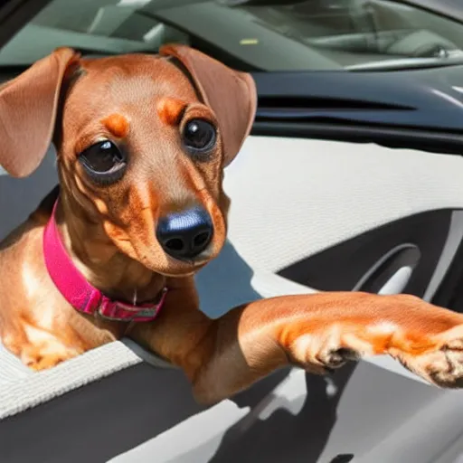 Image similar to dachshund driving a Porsche