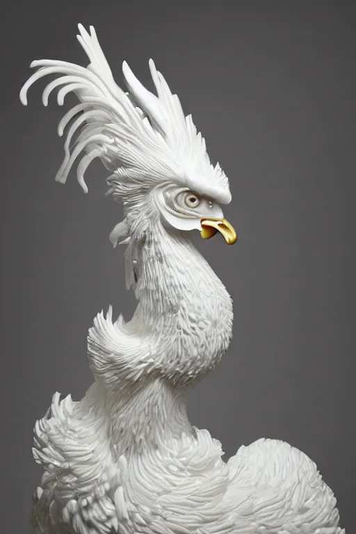 Image similar to full head and shoulders, realistic bjork porcelain rooster sculpture, smooth, delicate facial features, white eyes, white lashes, detailed white, lots of 3 d gold chinese dragons anatomical, all white features on a white background, by daniel arsham and james jean