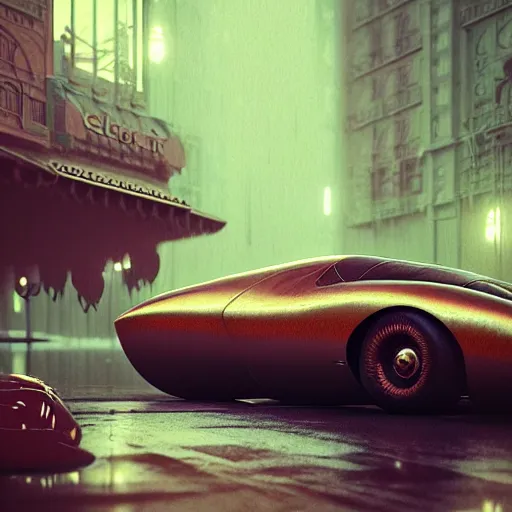 Image similar to cyborg vintage supercar slick warm tones pastel : by michal karcz, daniel merriam, victo ngai and guillermo del toro : ornate, dynamic, particulate, intricate, elegant, highly detailed, centered, artstation, smooth, sharp focus, octane render