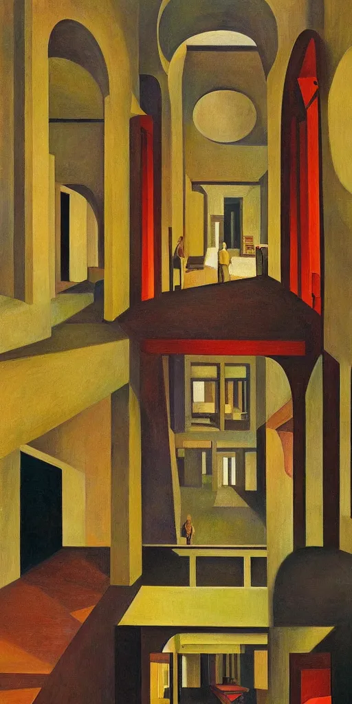 Image similar to fantastical brutalist atrium, grant wood, pj crook, edward hopper, colorful, oil on canvas