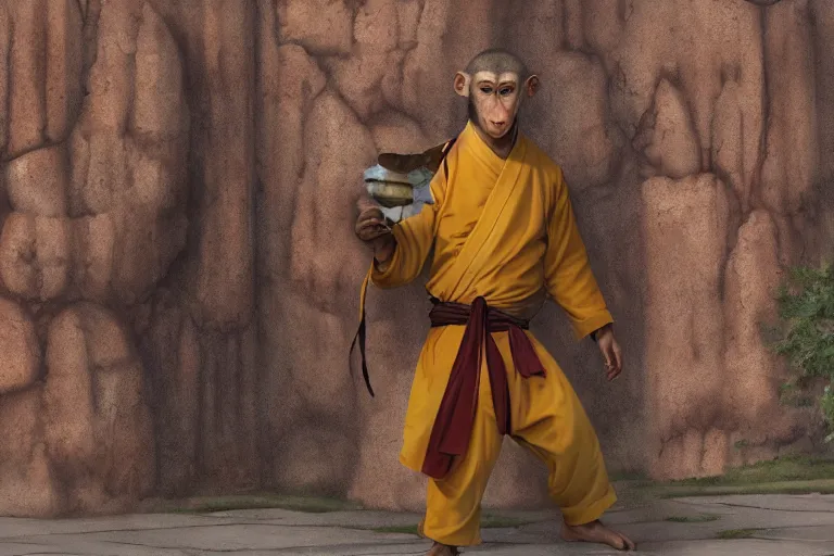 Image similar to A MONKEY DRESSED AS a shaolin monk, standing in front of an ancient chinese palace, CINEMATIC lighting, artstation, greg rutkowski