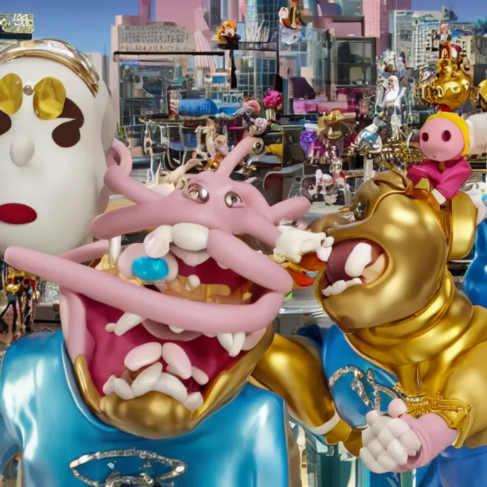 Image similar to jeff koons hip hop bauhaus style street sharks sailor moon wearing diamond grillz and a ton of bussdown iced gold bling in wallace & gromit strata - cut claymation, ultra realistic, concept art, intricate details, serious, highly detailed, photorealistic, octane render, 8 k, unreal engine, art by todd mcfarlane