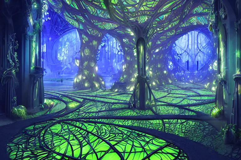 Image similar to futuristic foliage overgrowing detailed favela bioluminescence fungus hive, art nouveau environment, cathedral, award winning art, epic dreamlike fantasy landscape, ultra realistic,