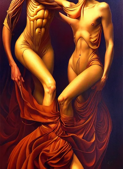 Prompt: a strange, biomorphic painting of two humanoid figures entwined and draped in silk, in the style of karol bak, in the style of charlie immer, by greg hildebrandt, mark brooks, highly detailed, dramatic, emotionally evoking, head in focus, volumetric lighting, oil painting, timeless disturbing masterpiece