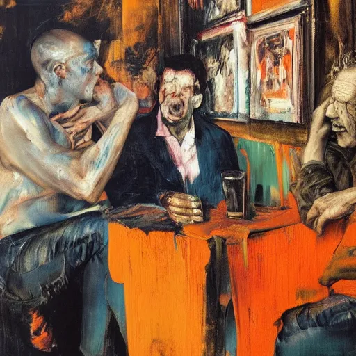Image similar to high quality high detail expressionist painting of two men at a bar by nicola samori and lucian freud and jenny saville and norman rockwell and francis bacon and edvard munch, hd, anxiety, turquoise and purple and orange and pink