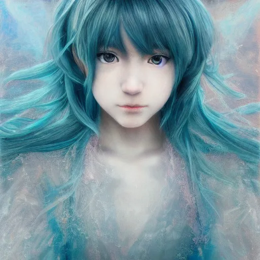 Image similar to cinematic portrait of hatsune miku, intricate, elegant, by alyssa monks, highly detailed, symmetrical face, fine details, masterpiece, trending on artstation