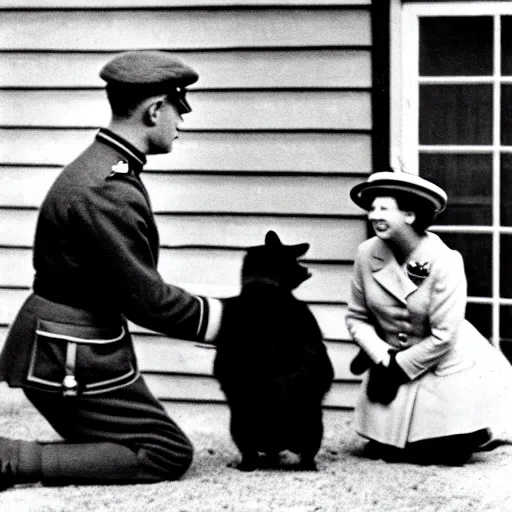 Prompt: ultra wide 1 9 4 6 blurry historical photo of a single german general kneeling, a young queen elizabeth and her brown and white corgi watch him, french village exterior, highly detailed, sharp focus