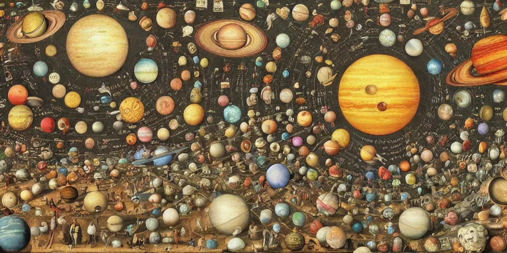 Image similar to the solar system in the style of heironymus bosch, intricate colorful masterpiece, hyper detailed, hd