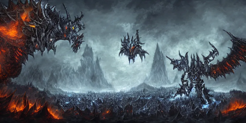 Image similar to an epic battle between the lich king and deathwing from world of warcraft, view of the field that they are fighting on trending on artstation