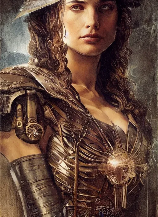 Image similar to highly detailed steampunk gal gadot standing, blond hair, steel age : leonardo da vinci, greg rutkowski, magali villeneuve