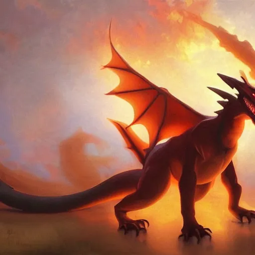 Prompt: Painting of a Charizard as Godzilla. Art by william adolphe bouguereau. During golden hour. Extremely detailed. Beautiful. 4K. Award winning.