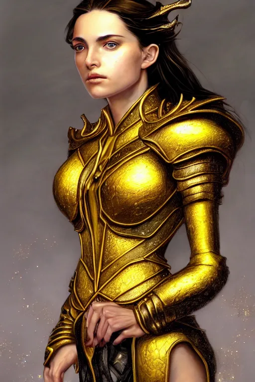 Image similar to high quality extremely detailed closeup portrait of a young gorgeous female warlock looking away from the camera wearing very reflective golden armor, detailed eyes, sparkle in eyes, no hands visible, fantasy, d & d, intricate, painting by lucian freud and mark brooks, hd