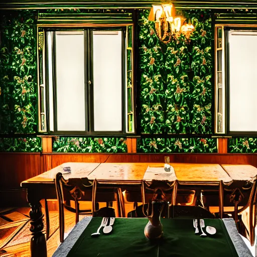 Prompt: beautiful 35mm footage landscape photography of a old Victorian Dining room, wood, green black gold brown colors, ornate wallpaper, stylistic furniture, window open to dark forest at night, wide-angle lens, detailed