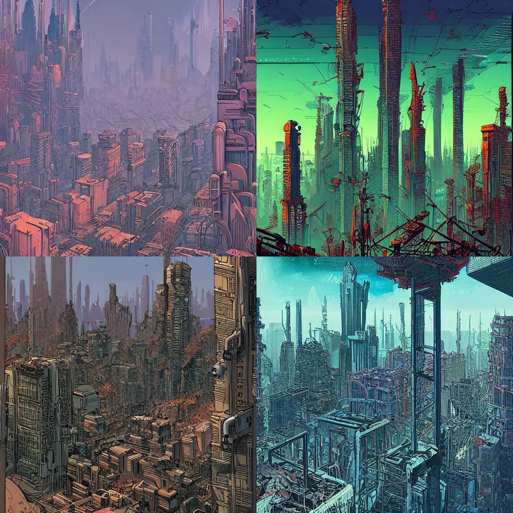 Prompt: post apocalyptic city landscape with dilapidated overgrown skyscrapers, detailed art by Kilian Eng, Moebius