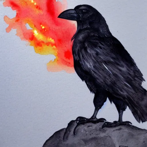 Prompt: a crow made out of fire, in a dark cave, detailed watercolour painting, 4 k