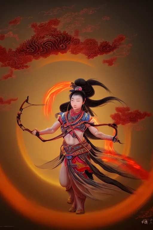 Image similar to nezha flies around swiftly on his wind flame circles in ruin chinese city, masterpiece, chinese mythology, top view, cinematic, fantasy character portrait, highly detailed, by new gods : nezha reborn, nezha : birth of the demon child, ne zha from smite, trending on artstation, concept art, flame everywhere,