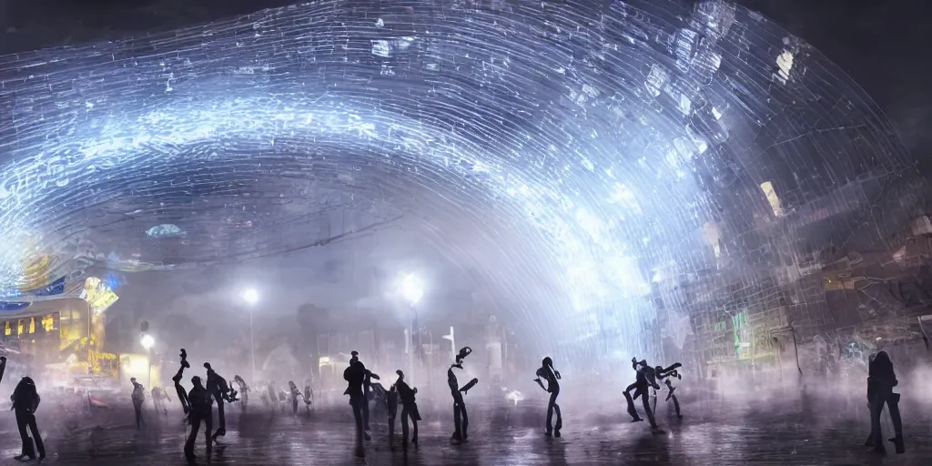 Image similar to policemen protecting a huge spiral - shaped bright white luminous attractor right in the center of the city from protesting people,, rain and light fog, professional lighting, concept art in 3 d, high detail, professional lighting, unreal engine