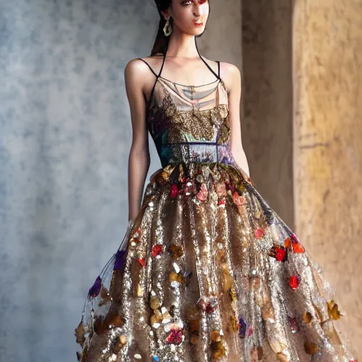 Image similar to exclusive evening dress made of bronze transparent fabric fantasy with colored flower petals made of fabric. intricate asymmetrical patterns. an elegant hat. hyperrealistic photos, clear details.